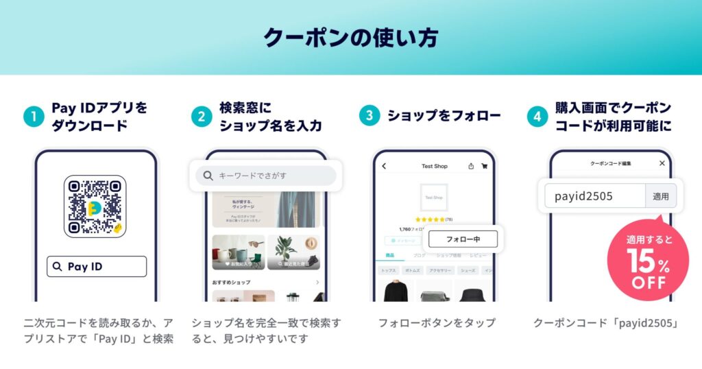 クーポンの使い方の画像です。 ①Pay IDアプリをダウンロード。二次元コードを読み取るか、アプリストアで「Pay ID」と検索 ②検索窓にショップ名を入力。ショップ名完全一致で検索すると見つけやすいです ③ショップをフォロー。フォローボタンをタップしてください ④購入画面でクーポンコードが利用可能になります。クーポンコード「payid2505」